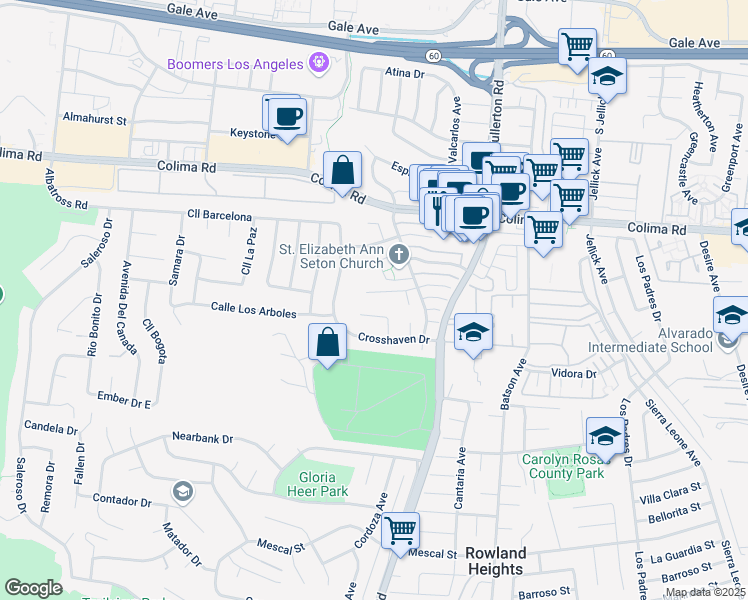 map of restaurants, bars, coffee shops, grocery stores, and more near 18114 Vía Calma in Rowland Heights