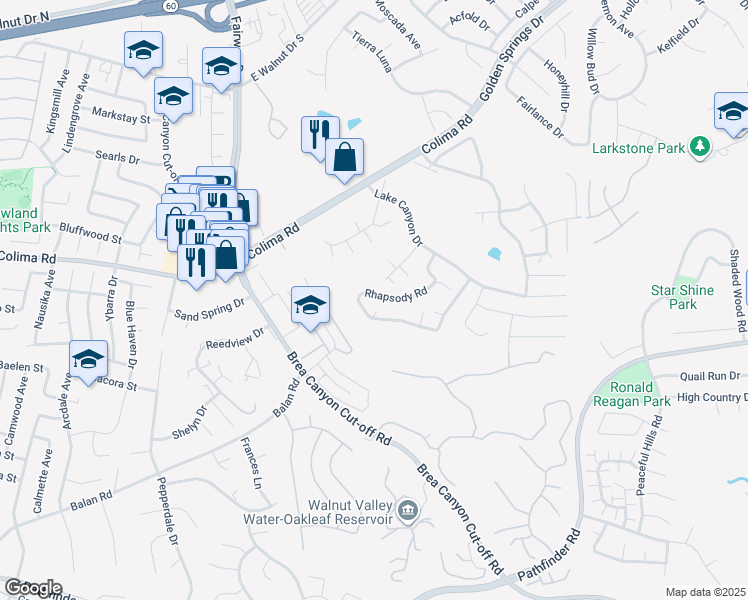 map of restaurants, bars, coffee shops, grocery stores, and more near 20124 Rhapsody Road in Walnut