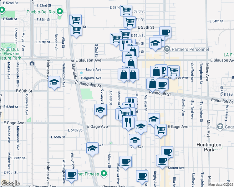 map of restaurants, bars, coffee shops, grocery stores, and more near 6119 Marbrisa Avenue in Huntington Park