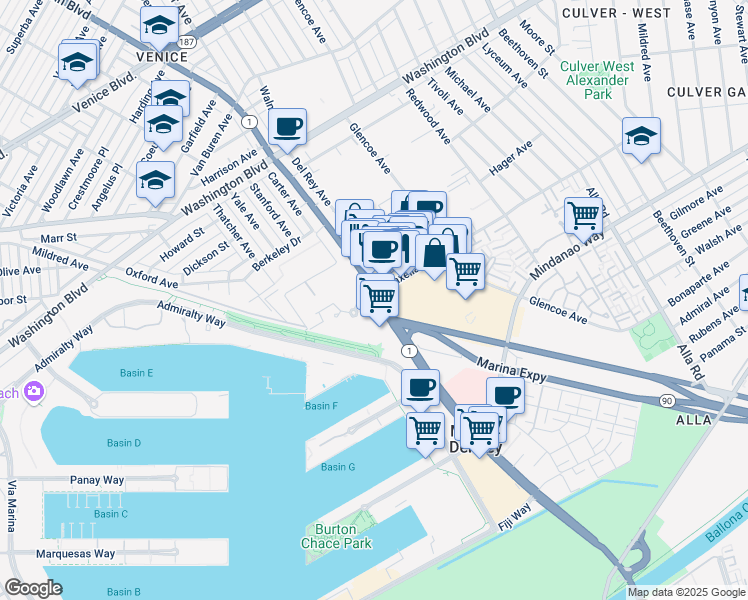 map of restaurants, bars, coffee shops, grocery stores, and more near 13600 Marina Pointe Drive in Marina del Rey