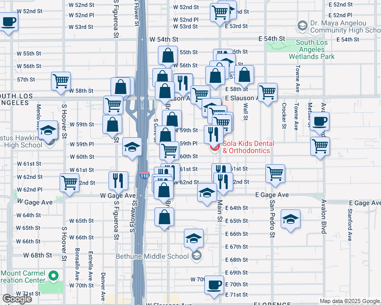 map of restaurants, bars, coffee shops, grocery stores, and more near 211 West 60th Street in Los Angeles