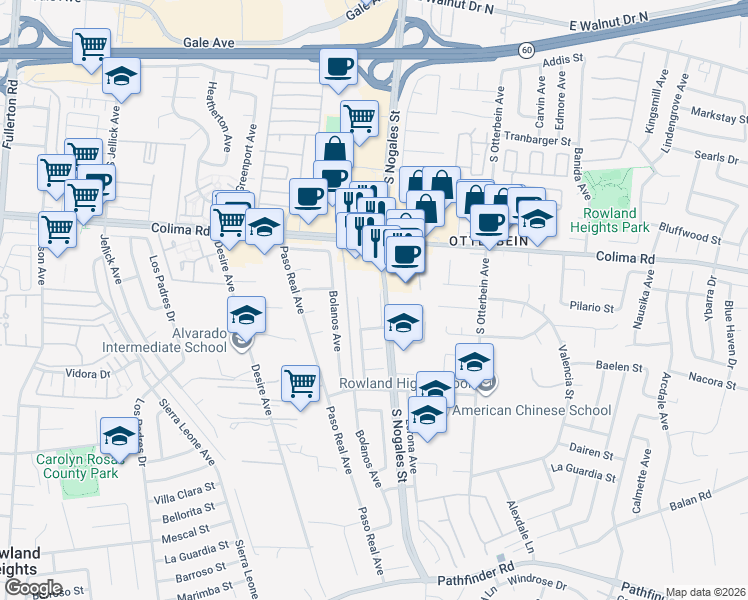 map of restaurants, bars, coffee shops, grocery stores, and more near 1817 Nogales Street in Rowland Heights