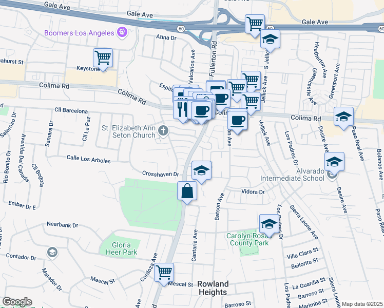 map of restaurants, bars, coffee shops, grocery stores, and more near 1900 Fullerton Road in Rowland Heights