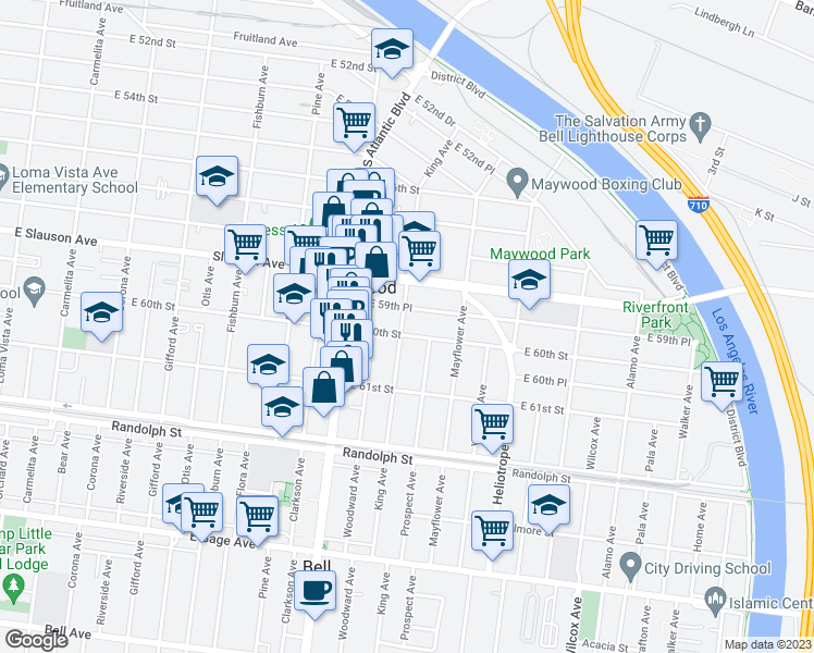 map of restaurants, bars, coffee shops, grocery stores, and more near 5968 King Avenue in Maywood