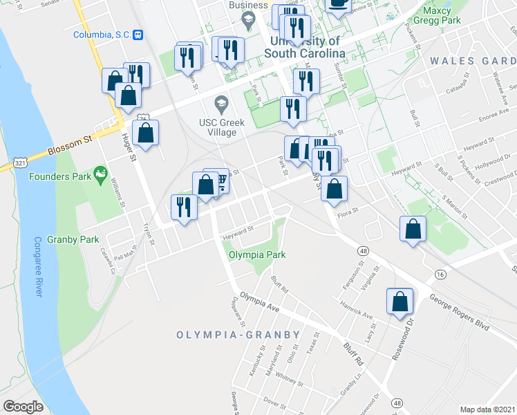 map of restaurants, bars, coffee shops, grocery stores, and more near 108 Mulberry Ln in Columbia