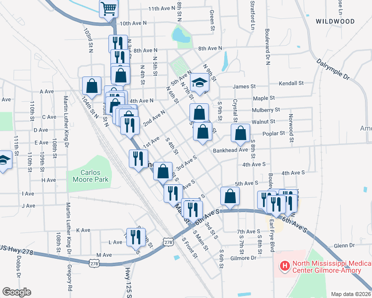 map of restaurants, bars, coffee shops, grocery stores, and more near 204 5th Street South in Amory