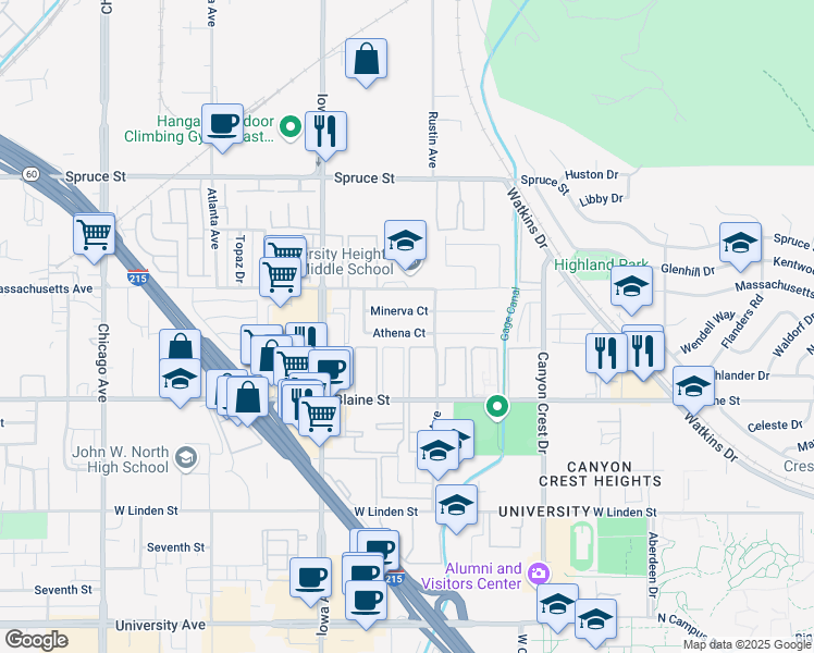 map of restaurants, bars, coffee shops, grocery stores, and more near 1111 Athena Court in Riverside