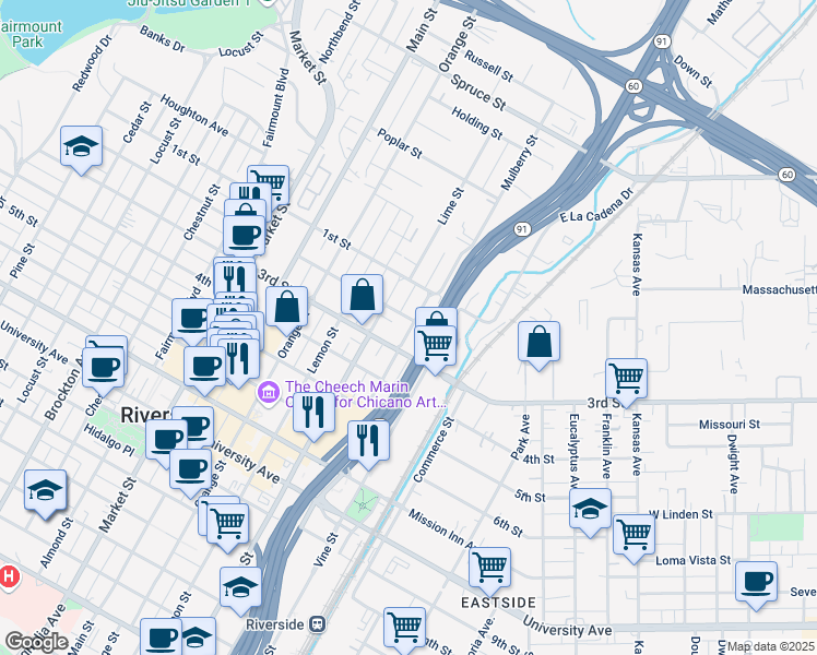 map of restaurants, bars, coffee shops, grocery stores, and more near 3092 2nd Street in Riverside