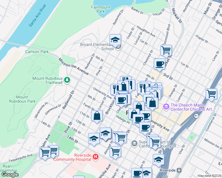 map of restaurants, bars, coffee shops, grocery stores, and more near 4178 Mission Inn Avenue in Riverside