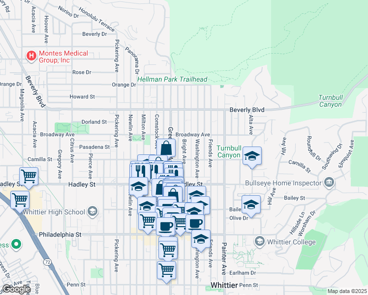 map of restaurants, bars, coffee shops, grocery stores, and more near 6227 Bright Avenue in Whittier