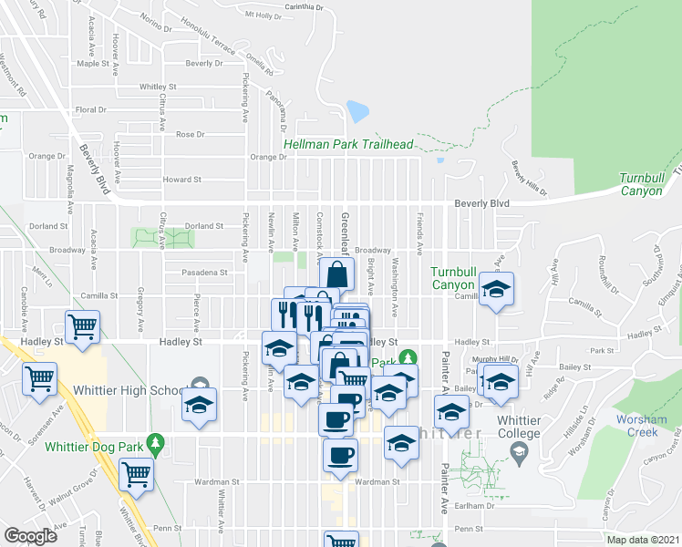 map of restaurants, bars, coffee shops, grocery stores, and more near 6227 Greenleaf Avenue in Whittier