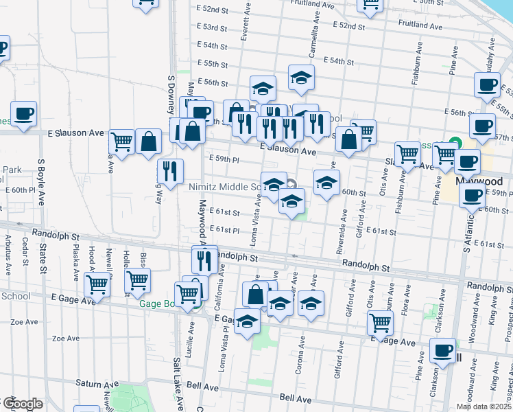 map of restaurants, bars, coffee shops, grocery stores, and more near 3628 East 60th Place in Huntington Park