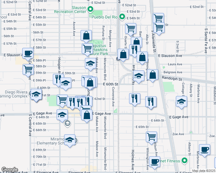 map of restaurants, bars, coffee shops, grocery stores, and more near 6000 Miramonte Boulevard in Los Angeles