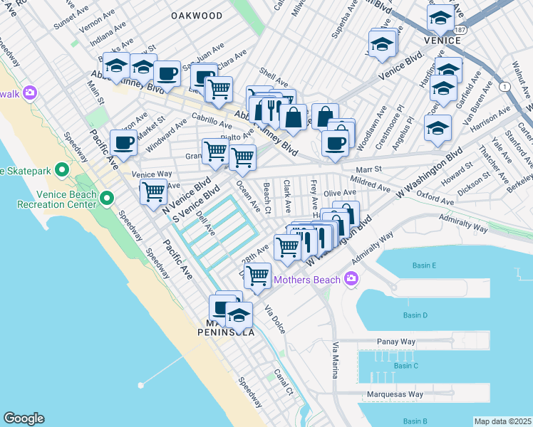 map of restaurants, bars, coffee shops, grocery stores, and more near 2424 McKinley Avenue in Los Angeles