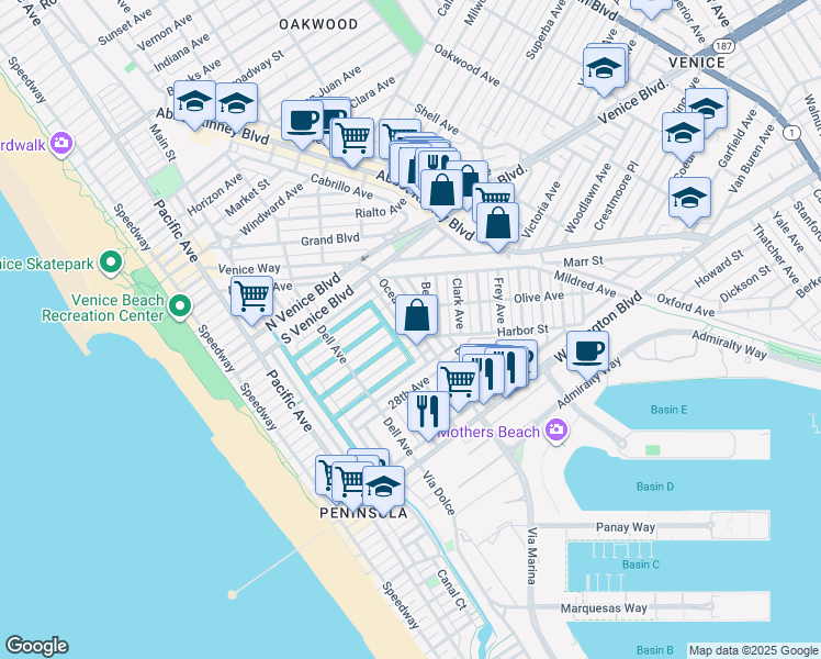 map of restaurants, bars, coffee shops, grocery stores, and more near 2403 Ocean Avenue in Los Angeles