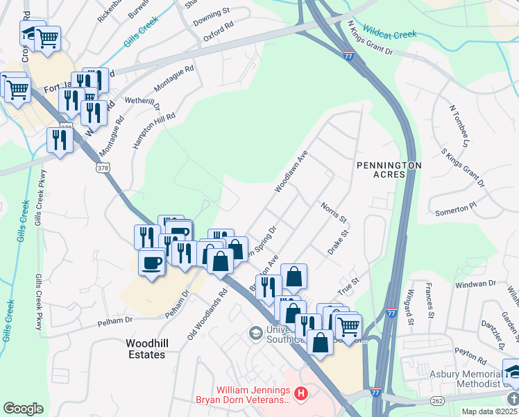 map of restaurants, bars, coffee shops, grocery stores, and more near 937 Woodlawn Avenue in Columbia