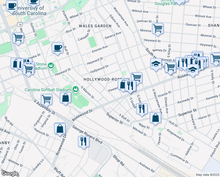 map of restaurants, bars, coffee shops, grocery stores, and more near 1705 Pinewood Drive in Columbia