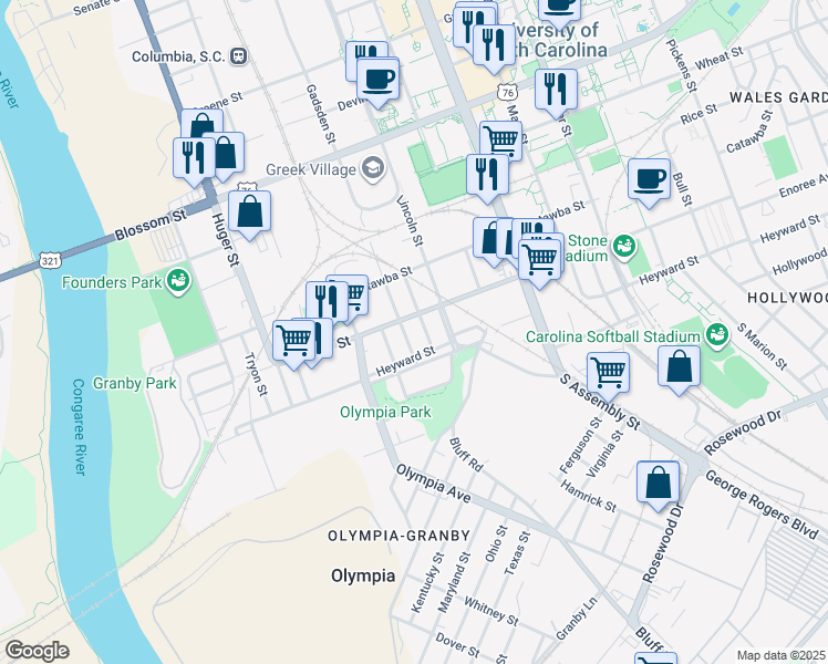 map of restaurants, bars, coffee shops, grocery stores, and more near 108 Mulberry Lane in Columbia
