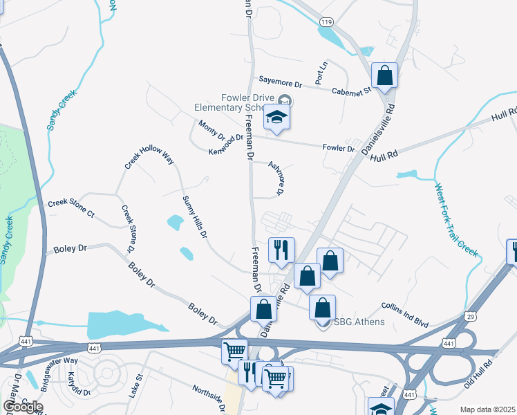 map of restaurants, bars, coffee shops, grocery stores, and more near 404 Freeman Drive in Athens
