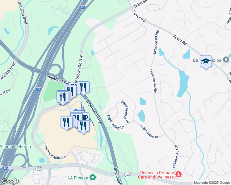 map of restaurants, bars, coffee shops, grocery stores, and more near 2165 Sugarstone Court in Lawrenceville