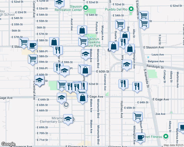 map of restaurants, bars, coffee shops, grocery stores, and more near 6008 Makee Avenue in Los Angeles