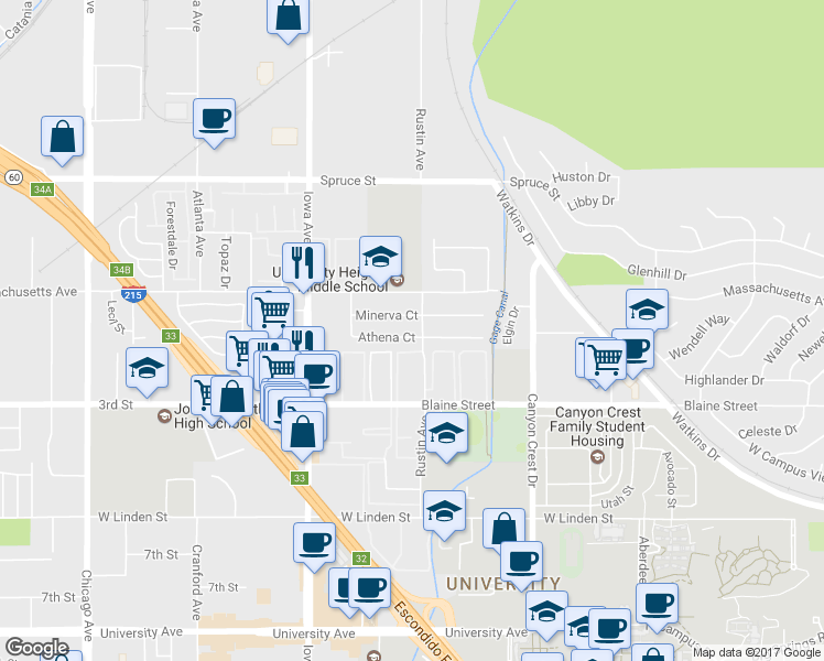map of restaurants, bars, coffee shops, grocery stores, and more near 1111 Athena Court in Riverside