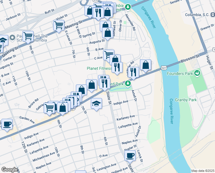 map of restaurants, bars, coffee shops, grocery stores, and more near 909 State Street in Cayce