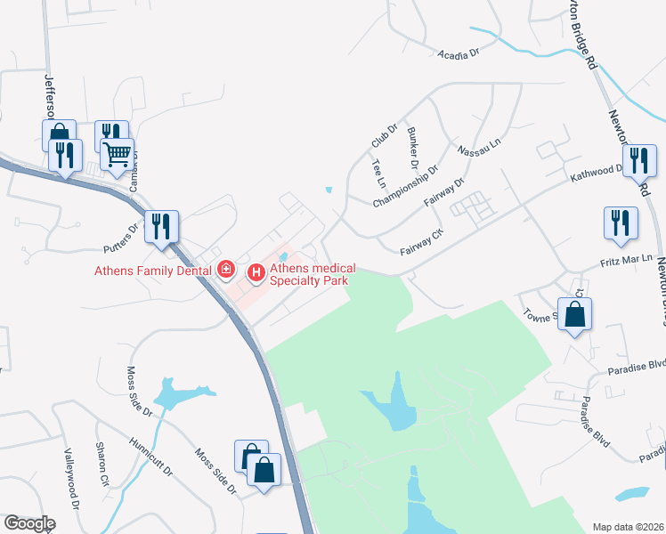 map of restaurants, bars, coffee shops, grocery stores, and more near 101 Kathwood Drive in Athens
