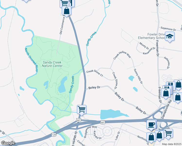 map of restaurants, bars, coffee shops, grocery stores, and more near 385 Creek Stone Court in Athens