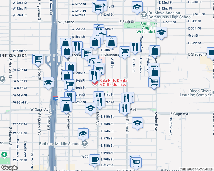 map of restaurants, bars, coffee shops, grocery stores, and more near 5967 Wall Street in Los Angeles