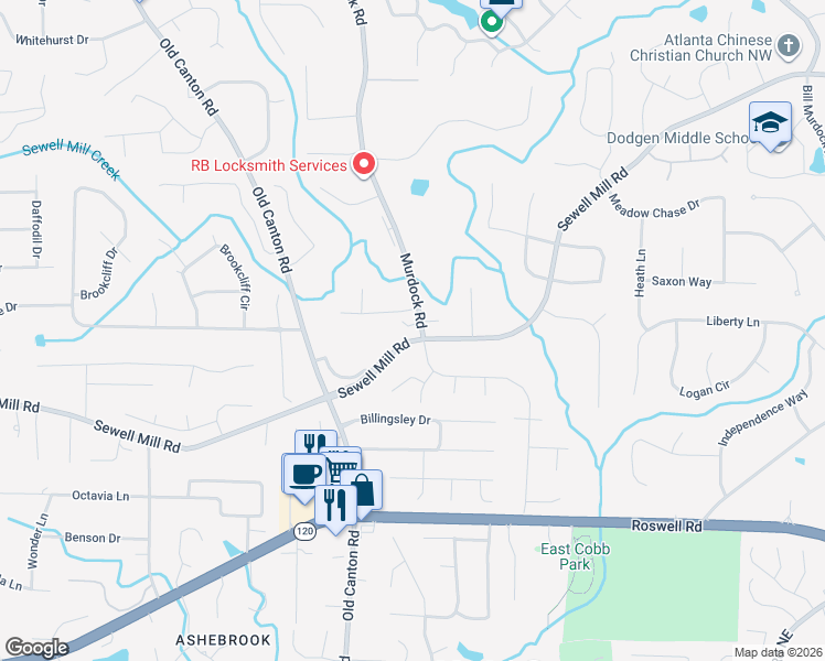 map of restaurants, bars, coffee shops, grocery stores, and more near 3171 Sewell Mill Road in Marietta