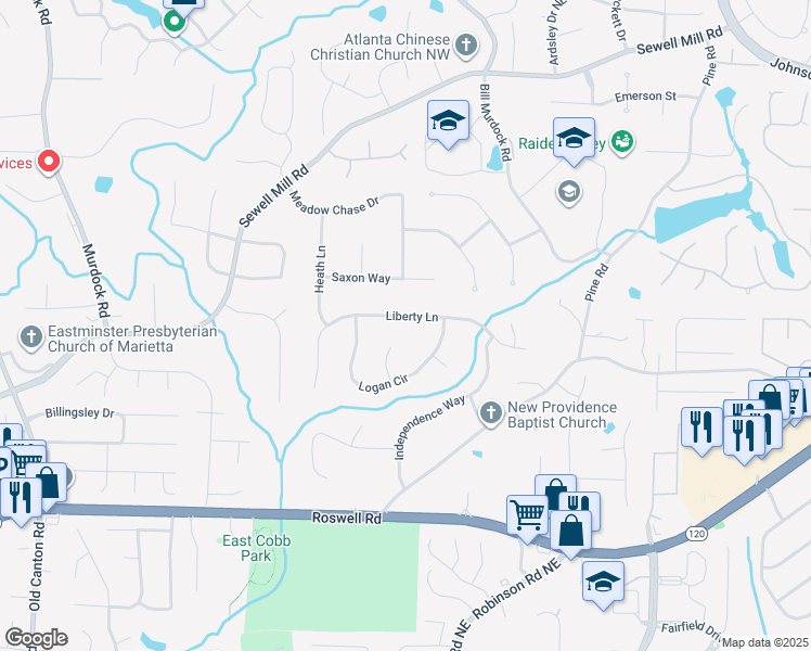 map of restaurants, bars, coffee shops, grocery stores, and more near 3580 Liberty Lane in Marietta