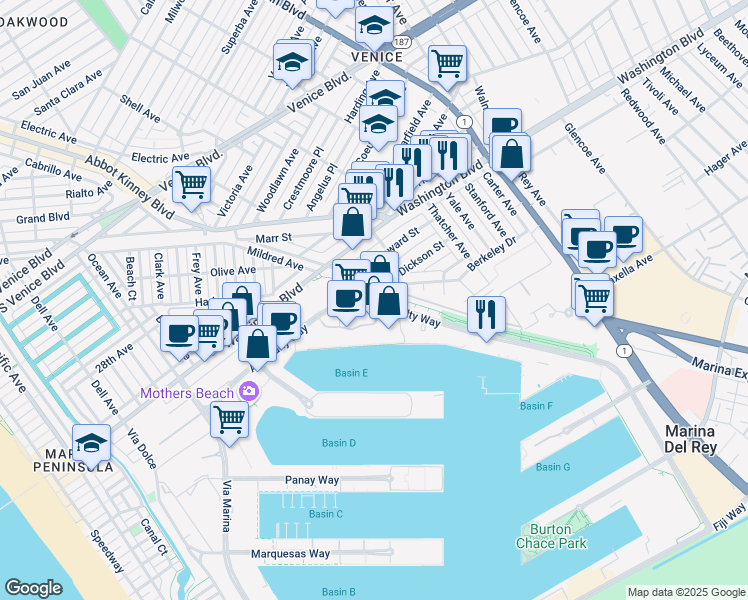 map of restaurants, bars, coffee shops, grocery stores, and more near 4334 Admiralty Way in Marina del Rey