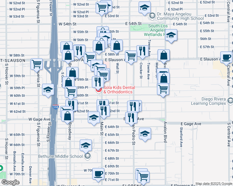 map of restaurants, bars, coffee shops, grocery stores, and more near 5967 Wall St in Los Angeles