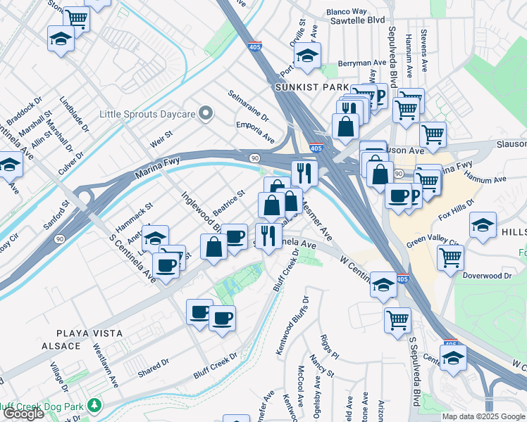 map of restaurants, bars, coffee shops, grocery stores, and more near 11844 Jefferson Boulevard in Los Angeles