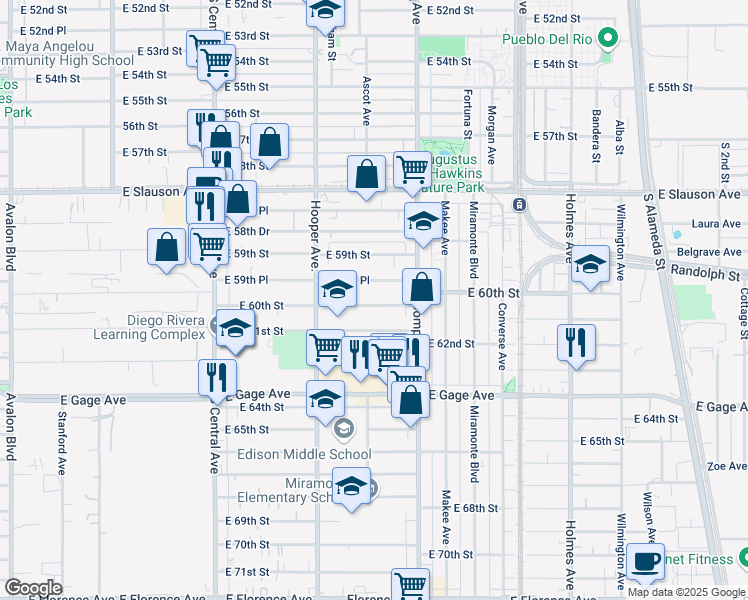 map of restaurants, bars, coffee shops, grocery stores, and more near 1407 1/2 East 60th Street in Los Angeles