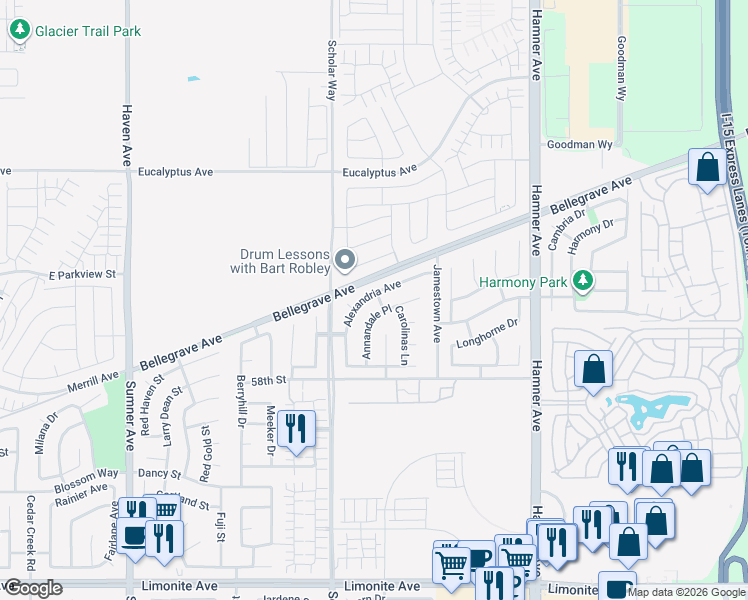 map of restaurants, bars, coffee shops, grocery stores, and more near 5654 Alexandria Avenue in Corona