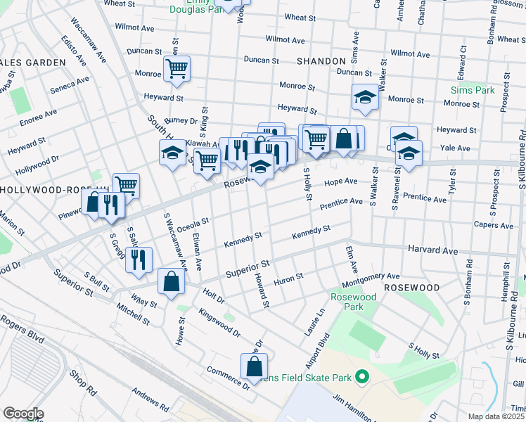map of restaurants, bars, coffee shops, grocery stores, and more near 505 South Maple Street in Columbia