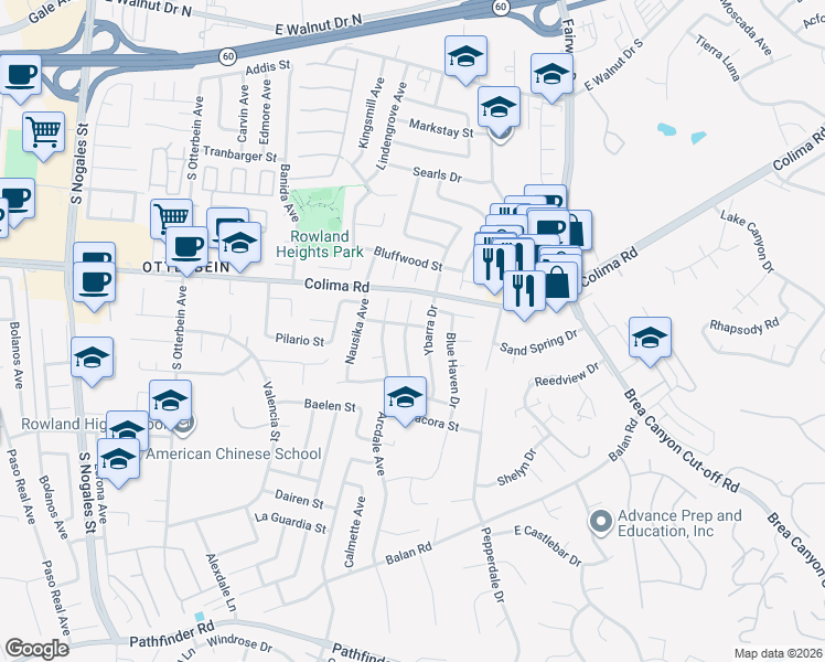 map of restaurants, bars, coffee shops, grocery stores, and more near 1802 Hollandale Avenue in Rowland Heights