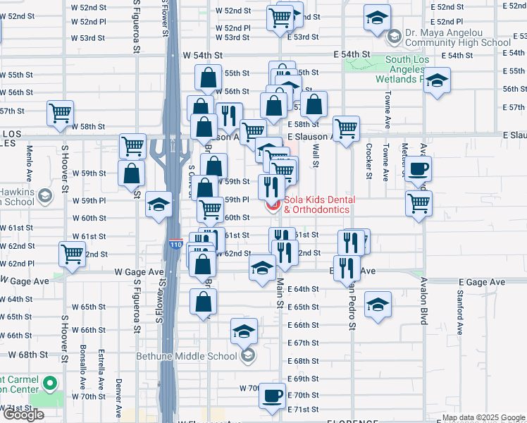 map of restaurants, bars, coffee shops, grocery stores, and more near 129 West 60th Street in Los Angeles