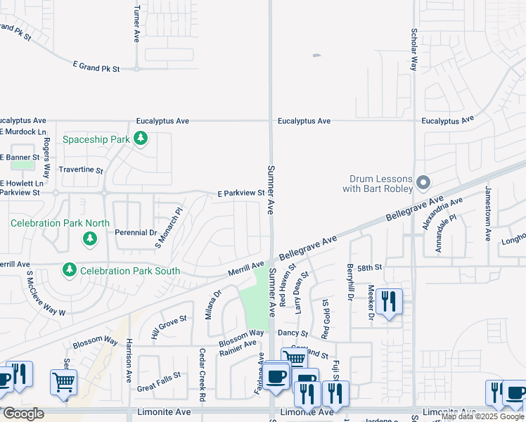 map of restaurants, bars, coffee shops, grocery stores, and more near 4833 South Jordan Avenue in Ontario