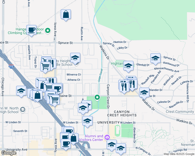map of restaurants, bars, coffee shops, grocery stores, and more near 1005 Athena Ct in Riverside