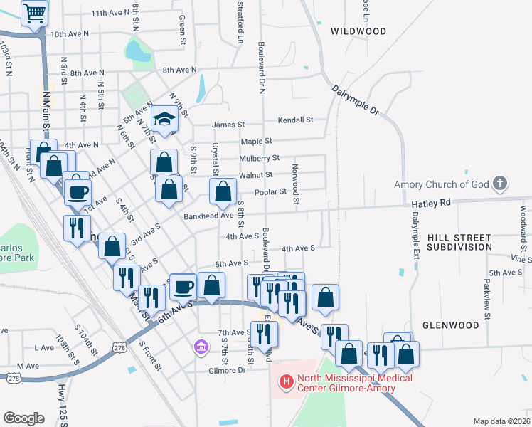 map of restaurants, bars, coffee shops, grocery stores, and more near 901 Hatley Road in Amory