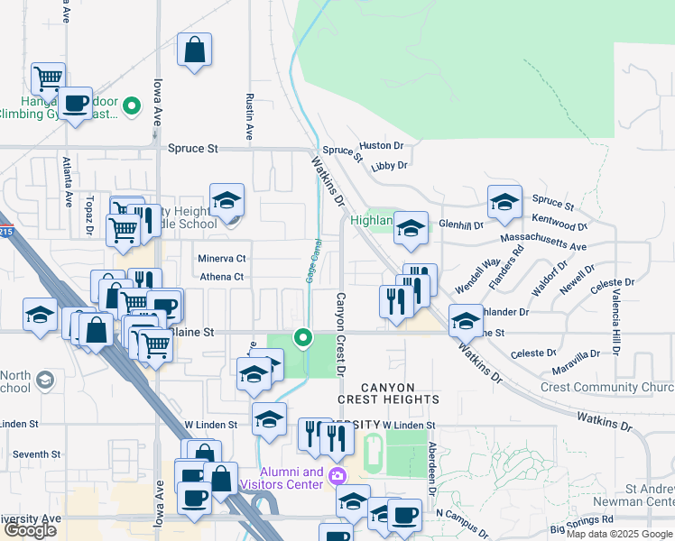 map of restaurants, bars, coffee shops, grocery stores, and more near 3029 Canyon Crest Drive in Riverside
