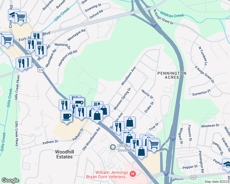 map of restaurants, bars, coffee shops, grocery stores, and more near 937 Woodlawn Avenue in Columbia