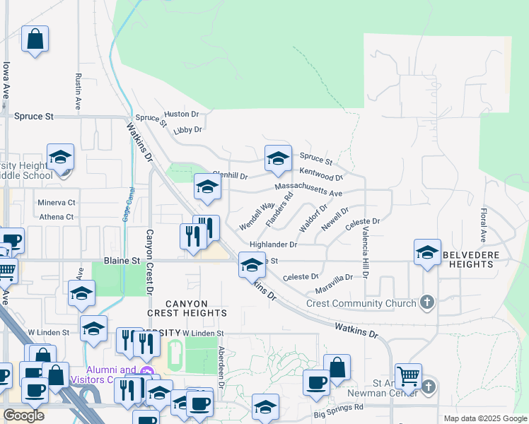 map of restaurants, bars, coffee shops, grocery stores, and more near 3024 Wendell Way in Riverside