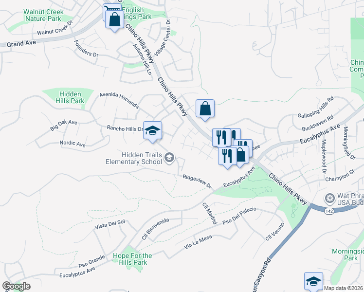 map of restaurants, bars, coffee shops, grocery stores, and more near 14727 Ranchview Terrace in Chino Hills
