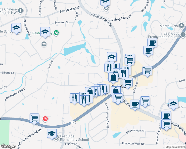 map of restaurants, bars, coffee shops, grocery stores, and more near 1479 Grovehurst Way in Marietta