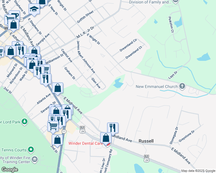 map of restaurants, bars, coffee shops, grocery stores, and more near 264 James Albert Johnson Avenue in Winder