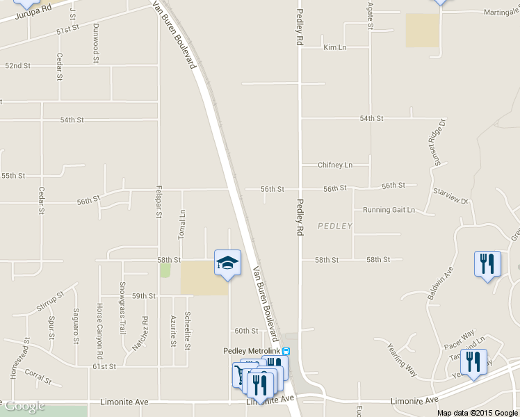 map of restaurants, bars, coffee shops, grocery stores, and more near 5655 Claubert Court in Riverside